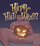 1boy abs anus ass_visible_through_thighs bara black_hair blue_eyes chest completely_nude erection feet_out_of_frame glowing halloween halloween_costume happy_halloween highres hunterkay jack-o&#039;-lantern male_focus muscle naked_pumpkin nipples nude original penis_peek pumpkin short_hair sideburns solo spread_legs testicles thick_thighs thighs uncensored 