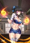  1girl abs adsouto ass_visible_through_thighs bandeau bangs black_hair blue_bandeau blue_bow blue_shorts bow breasts cleavage collarbone covered_nipples cowboy_shot cropped_jacket en&#039;en_no_shouboutai eyebrows_visible_through_hair fire fireball hair_between_eyes hair_ribbon heart highleg highleg_panties highres indoors jacket large_breasts long_hair looking_at_viewer maki_oze midriff mismatched_legwear muscle muscular_female navel one_eye_closed panties ponytail purple_eyes race_queen ribbon short_shorts short_sleeves shorts side_slit sidelocks signature solo spirit standing thigh_gap underwear w_arms white_jacket white_legwear wristband 