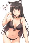  1girl :o animal_ear_fluff animal_ears bare_arms bare_shoulders bikini black_bikini black_choker black_hair breasts cat_ears cat_girl choker collarbone cowboy_shot front-tie_bikini front-tie_top halterneck long_hair looking_at_viewer medium_breasts nakamura_sumikage navel open_mouth original paw_pose red_eyes revision simple_background solo speech_bubble standing stomach swimsuit thigh_gap thighs white_background 