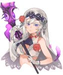  1girl absurdres breasts closed_mouth dated elbow_gloves gloves hands_up highres holding holding_staff long_hair looking_at_viewer medium_breasts purple_eyes signature single_elbow_glove sinoalice snow_white_(sinoalice) solo staff upper_body white_gloves white_hair yun-yang 