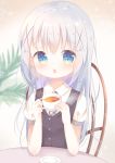  1girl bangs black_tea black_vest blue_eyes blurry blurry_background blush chair chestnut_mouth collared_shirt commentary_request cup depth_of_field elbows_on_table eyebrows_visible_through_hair gochuumon_wa_usagi_desu_ka? hair_between_eyes hair_ornament hands_up highres holding holding_cup kafuu_chino long_hair necktie open_mouth plaid_neckwear puffy_short_sleeves puffy_sleeves rin_(fuwarin) saucer school_uniform shirt short_sleeves silver_hair sitting solo table tea teacup tedeza_rize&#039;s_school_uniform upper_body very_long_hair vest white_shirt x_hair_ornament 