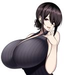  1girl bare_shoulders black_hair breasts camui_kamui earrings finger_licking highres huge_breasts jewelry licking looking_at_viewer mole mole_under_eye original pink_eyes ribbed_sweater short_hair sleeveless_sweater sweater tied_hair tongue upper_body white_background 