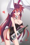  1girl :d animal_ears background_text bangs bare_arms bare_shoulders black_leotard blush bottle breasts bunny_ears bunny_tail cleavage collar commentary_request detached_collar earrings eyebrows_visible_through_hair grey_background hair_between_eyes heart highres holding holding_bottle jewelry leotard long_hair looking_at_viewer medium_breasts open_mouth original oversized_object playboy_bunny rabbit_girl red_eyes red_hair revision ryogo sidelocks smile solo standing strapless strapless_leotard tail usami_tsuitachi very_long_hair white_collar wing_collar 