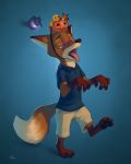  2020 anthro black_nose blue_background brown_body brown_fur canid canine clothed clothing fangs fox fully_clothed fur halloween hi_res holidays mammal mind_control open_mouth pawpads s1m shirt simple_background tongue tongue_out topwear walking 
