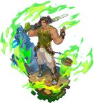  1boy bara bare_arms bare_shoulders biceps black_hair chest dragalia_lost fingerless_gloves full_body gloves green_tank_top highres long_hair looking_at_viewer lrpanda00 male_focus muscle over_shoulder ranzal sideburns solo tank_top thick_thighs thighs tied_hair weapon weapon_over_shoulder 