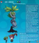  2020 breasts cleavage clothed clothing digital_media_(artwork) elemental_creature english_text female flora_fauna green_hair hair hi_res human humanoid kinkymation long_hair mammal nintendo oddish open_mouth plant pok&eacute;mon pok&eacute;mon_(species) pok&eacute;morph ponytail red_eyes simple_background solo text video_games 
