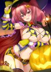  1girl :d azur_lane bangs bare_shoulders belt bikini blush breasts bremerton_(azur_lane) cape cleavage commentary_request fingerless_gloves frilled_cape frills gloves hair_ornament hair_scrunchie halloween hat heart highres jack-o&#039;-lantern jack-o&#039;-lantern_hair_ornament large_breasts long_hair looking_at_viewer mole mole_on_breast mole_under_eye o-ring o-ring_bottom open_mouth pink_eyes pink_hair revision scrunchie shibata_rai sidelocks smile solo striped swimsuit thighs twintails vertical_stripes witch_hat 
