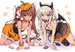  2girls all_fours bangs black_legwear blonde_hair blue_eyes breasts brown_hair candy commentary crescent dress fake_horns fang food ghost grecale_(kantai_collection) hair_ribbon halloween halloween_costume horns jack-o&#039;-lantern kantai_collection libeccio_(kantai_collection) long_hair mouth_hold multiple_girls odawara_hakone open_mouth ribbon scrunchie simple_background single_thighhigh small_breasts star_(symbol) tail tan thighhighs twintails white_background wings wrist_scrunchie 