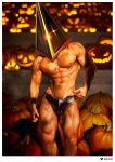  1boy abs absurdres bara briefs bulge chest feet_out_of_frame halloween halloween_costume helmet highres jack-o&#039;-lantern male_focus male_pubic_hair muscle navel navel_hair nipples pubic_hair pumpkin pyramid_head qaisan realistic silent_hill_2 solo sparkle standing thick_thighs thighs underwear underwear_only 