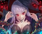  1girl bangs bb_(fate)_(all) bb_(fate/extra_ccc) breasts collar demon_wings eyebrows_visible_through_hair fang fate_(series) halloween hat large_breasts leyu looking_at_viewer purple_hair red_eyes smile solo tentacles upper_body wide_sleeves wings witch witch_hat 