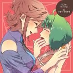  2girls ahoge asymmetrical_docking bangs blue_shirt breast_press breasts closed_eyes clothing_cutout collarbone collared_shirt from_side green_hair hair_between_eyes highres kaname_buccaneer kutsuno macross macross_delta macross_frontier medium_breasts multiple_girls necktie open_mouth ranka_lee red_background red_hair shiny shiny_hair shirt short_hair shoulder_cutout upper_body wing_collar 