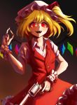  1girl absurdres alternate_weapon artist_name bangs black_background blonde_hair brown_background bullet buttons collared_shirt commentary cowboy_shot crr001 english_commentary eyebrows_visible_through_hair fangs finger_on_trigger fingernails flandre_scarlet floating_hair frilled_cuffs frilled_hat frilled_skirt frills glowing glowing_eyes gradient gradient_background gun hand_up handgun hat hat_ribbon highres holding holding_bullet holding_gun holding_weapon light_blush long_fingernails looking_at_viewer medium_hair mob_cap no_neckwear one_side_up open_mouth puffy_short_sleeves puffy_sleeves raised_eyebrows red_eyes red_nails red_ribbon red_skirt red_vest revolver ribbon ribbon_trim s&amp;w_500 sharp_fingernails shirt short_eyebrows short_hair short_sleeves sidelocks skirt skirt_set slit_pupils smile solo tareme teeth thick_eyebrows touhou vest weapon white_shirt wide-eyed wing_collar wings wrist_cuffs 