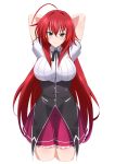  1girl ahoge arms_behind_head arms_up blue_eyes blush breasts cowboy_shot hair_between_eyes high_school_dxd highres huge_ahoge large_breasts long_hair looking_at_viewer red_hair rias_gremory rizuta school_uniform short_sleeves simple_background skirt solo white_background 