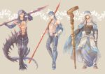  3boys armor bare_chest beige_background black_gloves blue_bodysuit blue_cape blue_hair bodysuit bracelet cape cosplay costume_switch crescent_necklace cu_chulainn_(fate)_(all) cu_chulainn_(fate/grand_order) cu_chulainn_(fate/grand_order)_(cosplay) cu_chulainn_alter_(fate/grand_order) cu_chulainn_alter_(fate/grand_order)_(cosplay) earrings elbow_gloves expressionless facepaint facial_mark fate/grand_order fate/stay_night fate_(series) full_body gae_bolg gloves hair_over_shoulder highres holding holding_spear holding_staff holding_weapon hood jewelry lancer lancer_(cosplay) long_hair looking_at_viewer male_focus monster_boy multiple_boys pauldrons polearm ponytail red_eyes ro_(pixiv34009774) robe shoulder_armor smile spear spikes staff standing tail toeless_legwear weapon 