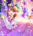  1girl :d absurdres blue_flower brown_eyes brown_hair collarbone flower gloves hair_flower hair_ornament hairclip hanadera_nodoka healin&#039;_good_precure heart_pendant highres jewelry layered_skirt lens_flare long_skirt looking_at_viewer medium_hair necklace open_mouth pink_neckwear pink_skirt precure purple_flower shiny shiny_hair shirt short_sleeves skirt smile solo white_gloves white_shirt yellow_flower yuutarou_(fukiiincho) 