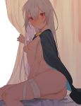  1girl ass bandaged_leg bandages bangs bed beijuu breasts cape closed_mouth curtains girls_frontline grey_hair hair_between_eyes lips long_hair long_sleeves looking_at_viewer nipples nude on_bed pussy red_eyes sitting smile solo tokarev_(girls_frontline) twitter_username 