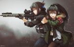  2girls armband bangs black_gloves black_hair black_neckwear black_pants black_shorts blue_eyes brown_legwear collared_shirt commentary_request dress_shirt eyebrows_visible_through_hair folded_ponytail fur-trimmed_jacket fur_trim gloves green_jacket gun hair_between_eyes highres holding holding_gun holding_weapon jacket lanyard legwear_under_shorts long_hair long_sleeves looking_away lr-300 multiple_girls ndtwofives necktie open_clothes open_jacket original pants pantyhose ponytail profile red_eyes shirt short_shorts shorts sig_sauer sig_sauer_sp2022 twitter_username two-handed weapon white_shirt 