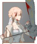  1girl blonde_hair blood blood_on_face bloody_clothes breasts bridal_veil chainsaw character_name cleavage closed_mouth collarbone dress earrings eyebrows_visible_through_hair girls_frontline highres holding_chainsaw jewelry long_hair looking_at_viewer medium_breasts mo_geng orange_eyes ots-14_(girls_frontline) simple_background solo veil wedding_dress white_dress 