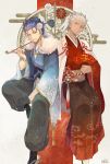  2boys alternate_hairstyle archer black_hakama black_pants blue_hair blue_kimono blue_nails closed_mouth cu_chulainn_(fate)_(all) fan fate/stay_night fate_(series) fingernails flower folding_fan full_body gae_bolg grey_eyes grey_hair hair_flower hair_ornament hair_strand hakama highres japanese_clothes kanshou_&amp;_bakuya kimono kiseru lancer male_focus multiple_boys one_eye_closed pants pipe red_eyes red_kimono red_nails ro_(pixiv34009774) signature smile 