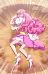  1girl bow braid crater cure_grace dragon_ball dragon_ball_z dress gloves green_bow hair_ornament hanadera_nodoka healin&#039;_good_precure heart heart_print high_heels layered_dress long_hair lying on_side parody pink_dress pink_hair precure print_gloves shiny shiny_hair shoe_bow shoes short_dress short_sleeves solo tj-type1 very_long_hair white_dress white_footwear white_gloves yamcha_pose 