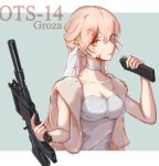  1girl blonde_hair blood blood_on_face bloody_clothes breasts bridal_veil character_name cleavage closed_mouth collarbone dress eyebrows_visible_through_hair girls_frontline gun highres holding holding_weapon long_hair looking_at_viewer medium_breasts mo_geng orange_eyes ots-14_(girls_frontline) simple_background solo veil weapon wedding_dress white_dress 