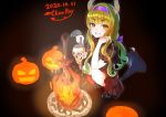  1girl black_footwear bonfire_(dark_souls) bow chanraykotomine commentary_request dark_souls dated dress eyebrows_visible_through_hair fire green_eyes green_hair hair_bow halloween headband highres holding holding_skull horns jack-o&#039;-lantern long_hair looking_at_viewer original osanai_(shashaki) planted_sword planted_weapon pumpkin shoe_bow shoes sidelocks signature skull smile souls_(from_software) squatting sword weapon wings 