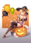  1girl abigail_williams_(fate/grand_order) absurdres balloon bangs bare_shoulders black_bow blonde_hair blue_eyes blush bow breasts candy choker dongcilagedaci fate/grand_order fate_(series) food forehead hair_bow halloween hat high_heels highres jack-o&#039;-lantern legs licking_lips lollipop long_hair looking_at_viewer multiple_bows open_mouth orange_bow parted_bangs pumpkin sidelocks sitting small_breasts smile thighhighs tongue tongue_out witch_hat 