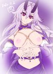  1girl breasts closed_mouth commentary_request dated detached_sleeves eyebrows_visible_through_hair fate/grand_order fate_(series) hair_between_eyes highres hisahiko horns large_breasts long_hair looking_at_viewer navel nipples purple_background purple_hair red_eyes slit_pupils smile solo tomoe_gozen_(fate/grand_order) tomoe_gozen_(swimsuit_saber)_(fate) wide_sleeves 