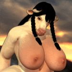  1:1 animated anthro big_breasts black_hair bovid bovine braided_hair breasts drages female hair horn huge_breasts low_res mammal navel nipples nude outside pink_nipples sagging_breasts short_playtime solo sunset wide_hips 