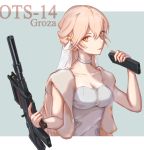  1girl blonde_hair breasts bridal_veil character_name cleavage closed_mouth collarbone dress eyebrows_visible_through_hair girls_frontline gun highres holding holding_weapon long_hair looking_at_viewer medium_breasts mo_geng orange_eyes ots-14_(girls_frontline) simple_background solo veil weapon wedding_dress white_dress 