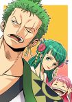  1boy 2girls alternate_hairstyle black_eyes flower green_eyes green_hair hair_flower hair_ornament highres japanese_clothes kimono living_(pixiv5031111) long_hair looking_at_another multiple_girls official_alternate_costume one_piece pink_hair roronoa_zoro scar scar_across_eye short_hair sidelocks tied_hair toko_(one_piece) upper_body 