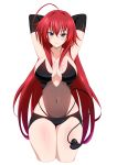  1girl ahoge arms_behind_head arms_up bare_shoulders blue_eyes blush breasts cleavage covered_navel cowboy_shot demon_girl demon_tail elbow_gloves gloves hair_between_eyes high_school_dxd highres huge_ahoge large_breasts long_hair looking_at_viewer red_hair rias_gremory rizuta simple_background solo tail white_background 