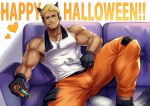 1boy animal_costume animal_ears ass_visible_through_thighs bara bare_arms blonde_hair brown_hair bulge candy chest chest_hair facial_hair flaccid food halloween halloween_costume happy_halloween highres leg_up male_focus multicolored_hair muscle nipple_slip nipples orange_pants original short_hair sideburns solo spread_legs stubble tail tank_top thick_thighs thighs two-tone_hair veins werewolf white_tank_top wolf_boy wolf_costume wolf_ears wolf_tail yzpyn 
