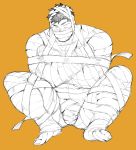  1boy bandaged_arm bandaged_leg bandages bara bulge covered_mouth crossed_arms full_body halloween halloween_costume highres male_focus multiple_monochrome mummy_costume muscle naked_bandage naop_(anything) original short_hair sitting solo spread_legs thick_thighs thighs 