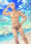  1girl 3boys archer asterios_(fate/grand_order) beach chest closed_mouth cloud cowboy_shot cu_chulainn_(fate)_(all) dutch_angle fate/grand_order fate/stay_night fate_(series) goggles grey_eyes hand_on_hip highres horns innertube lancer looking_at_viewer male_focus male_swimwear multiple_boys muscle one_eye_closed outdoors ro_(pixiv34009774) shark sky summer surfing swim_briefs swim_trunks swimwear tan tohsaka_rin water wet whistle white_hair 