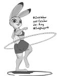  2020 3:4 absurd_res anthro clothed clothing disney english_text female fur hi_res hula_hoop inktober inktober_2020 judy_hopps judyhopps44 lagomorph leporid mammal midriff monochrome open_mouth open_smile rabbit simple_background smile solo text white_background zootopia 