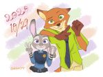  2020 4:3 anthro bottomwear canid canine clothed clothing dipstick_ears disney duo fox fully_clothed fur gesture gloves_(marking) green_eyes grey_body grey_fur half-length_portrait hi_res judy_hopps lagomorph leporid looking_at_viewer mammal markings multicolored_body multicolored_ears necktie nick_wilde nklove3104 one_ear_up orange_body orange_fur pants police_uniform portrait purple_eyes rabbit red_fox shirt signature simple_background size_difference smile topwear two_tone_body uniform v_sign zootopia 