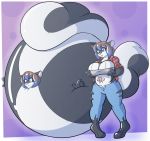 2018 2b-labs anthro anthro_to_inanimate ball beach_ball before_and_after breasts clothing digitigrade female hair hand_on_breast inanimate_transformation inflation mammal mephitid nozzle rubber simple_background skunk solo standing surprise torn_clothing transformation 