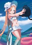 1girl abigail_williams_(fate/grand_order) abigail_williams_(swimsuit_foreigner)_(fate) bangs bare_shoulders bikini black_cat blonde_hair blue_eyes blue_sky blush bonnet bow breasts cat fate/grand_order fate_(series) forehead hair_bow highres innertube long_hair miniskirt navel ocean open_mouth parted_bangs sidelocks skirt sky small_breasts smile swimsuit thighs tseng-en twintails very_long_hair wading white_bikini white_bow white_headwear 