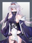  1girl absurdres artist_request azur_lane bare_shoulders belt black_belt blue_gloves breasts bridal_gauntlets colorado_(azur_lane) detached_sleeves gloves hair_over_one_eye hairband highres large_breasts long_hair looking_at_viewer no_panties pale_skin pelvic_curtain red_eyes red_hairband sideboob simple_background skin_tight solo two-tone_dress white_hair wide_sleeves 