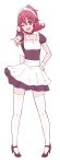  1girl ;d aida_mana alternate_costume apron bangs black_choker black_footwear black_shirt black_skirt breasts choker collarbone dokidoki!_precure enmaided full_body grey_background hair_between_eyes hand_on_hip head_tilt heart heart_choker high_heels highres maid maid_headdress medium_hair miniskirt one_eye_closed open_mouth pleated_skirt precure pumps reaching_out red_eyes red_hair shiny shiny_hair shirt short_sleeves simple_background skirt skirt_set small_breasts smile solo thighhighs unpale waist_apron white_apron white_legwear wrist_cuffs zettai_ryouiki 