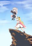  2girls animal_ears blonde_hair blue_sky cape cliff cloud day ear_clip highres holding_another holding_up hololive horns lifting_another lion_ears lion_girl long_hair multiple_girls outdoors parody sheep_girl sheep_horns shibe shishiro_botan silver_hair sky sleeves_past_wrists sunlight the_lion_king trait_connection tsunomaki_watame very_long_hair virtual_youtuber younger 