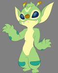  2020 3_toes 4_fingers alien antennae_(anatomy) arm_markings artbro blue_eyes bonnie_(lilo_and_stitch) brown_nose chest_tuft cute_fangs disney experiment_(lilo_and_stitch) facial_markings fingers flat_colors forehead_markings fur green_body green_fur grey_background head_markings head_tuft leg_markings lilo_and_stitch markings multicolored_antennae semi-anthro simple_background smile solo standing toes tuft 