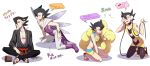  1boy arm_support bangs bare_arms black_hair boots bracelet closed_eyes collarbone commentary_request cosplay crossdressing elesa_(pokemon) elesa_(pokemon)_(cosplay) flats grimsley_(pokemon) hair_between_eyes headphones highres holding indian_style jewelry kneeling lobolobo2010 looking_at_viewer male_focus multiple_views navel one_eye_closed open_mouth pokemon pokemon_(game) pokemon_bw pokemon_sm purple_footwear sandals sash shoes sitting smile speech_bubble sweat toes tongue translation_request tucker_(pokemon) tucker_(pokemon)_(cosplay) yellow_footwear 