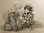  1boy 1girl animal_ears bead_necklace beads cape dog_ears father_and_daughter hair_ornament han&#039;you_no_yashahime highres inuyasha inuyasha_(character) japanese_clothes jewelry long_hair monochrome moroha necklace oooranje_nlj pearl_necklace ponytail short_hair youkai 
