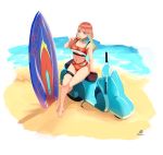  1girl absurdres barefoot beach bikini bl/ess breasts eating english_commentary food ground_vehicle highres hololive hololive_english looking_up medium_breasts midriff motor_vehicle navel ocean orange_bikini orange_hair popsicle purple_eyes scooter sitting solo summer surfboard swimsuit takanashi_kiara thigh_strap vespa virtual_youtuber 