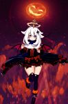  absurdres blue_eyes custom_maid_3d_2 dress frilled_dress frills genshin_impact halloween halloween_costume halo highres looking_at_viewer lulu_(rayagujack) moon night night_sky open_mouth paimon_(genshin_impact) pumpkin red_ribbon ribbon short_hair sky white_hair witch 