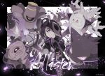  1boy ahoge allister_(pokemon) artist_name black_hair chandelure character_name collared_shirt commentary_request cursola dusknoir gen_1_pokemon gen_4_pokemon gen_5_pokemon gen_8_pokemon gengar gloves gym_leader hand_up highres holding long_sleeves looking_at_viewer male_focus mask odd_(hin_yari) pokemon pokemon_(creature) pokemon_(game) pokemon_swsh purple_eyes runerigus shirt shorts single_glove suspender_shorts suspenders watermark 