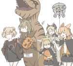  5girls absurdres animal_ears arknights artist_request balloon bear_ears bunny_ears ceobe_(arknights) closed_eyes cosplay dinosaur_costume dog_ears drone english_text feather_hair fox_ears fox_girl fox_tail glasses gummy_(arknights) halloween halloween_basket halloween_costume highres ifrit_(arknights) jurassic_park kroos_(arknights) kroos_(arknights)_(cosplay) kroos_(the_mag)_(arknights) kyuubi multiple_girls multiple_tails owl_ears shirt silence_(arknights) silence_(arknights)_(cosplay) staff suzuran_(arknights) t-shirt tail trick-or-treating 