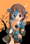  1girl absurdres bandages bangs barashiya bare_tree bat black_shirt blue_nails blue_skin boko_(girls_und_panzer) brown_eyes brown_hair brown_jacket claw_pose commentary crescent_moon eyebrows_visible_through_hair girls_und_panzer graveyard halloween halloween_costume highres holding holding_stuffed_toy jacket long_sleeves looking_at_viewer moon navel nishizumi_miho open_clothes open_jacket orange_background orange_nails outline patchwork_skin screw screw_in_head shirt short_hair solo stuffed_animal stuffed_toy teddy_bear torn_clothes torn_jacket torn_shirt tree upper_body white_outline 
